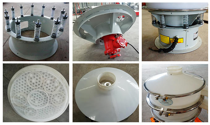 塑料振動(dòng)篩彈簧底座安裝，振動(dòng)電機(jī)安裝，篩網(wǎng)，防塵蓋等安裝圖片展示